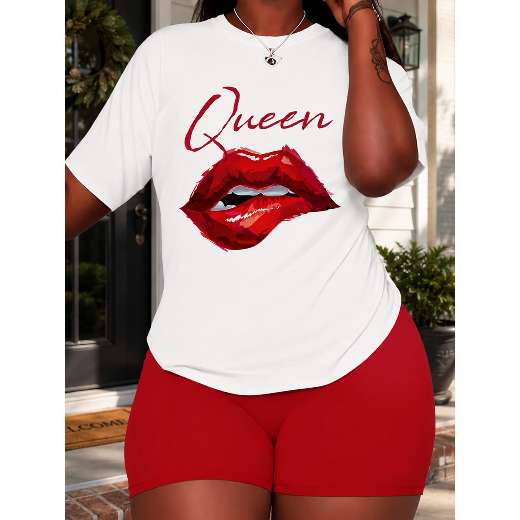 Plus Size Queen Red Lips Graphic T‑Shirt, Crew Neck Short Sleeve Casual Statement Tee For Summer