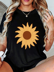 Sunflower Graphic Print T-Shirt for Women - Casual Short Sleeve Crew Neck Top with Large Yellow Orange Flower Design - Perfect Gift for Mom Wife Girlfriend Family and Friends