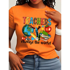 Women Teachers Change The World Graphic T-Shirt Leopard Letter School Supplies Teacher Appreciation Gift Casual Short Sleeve Tee