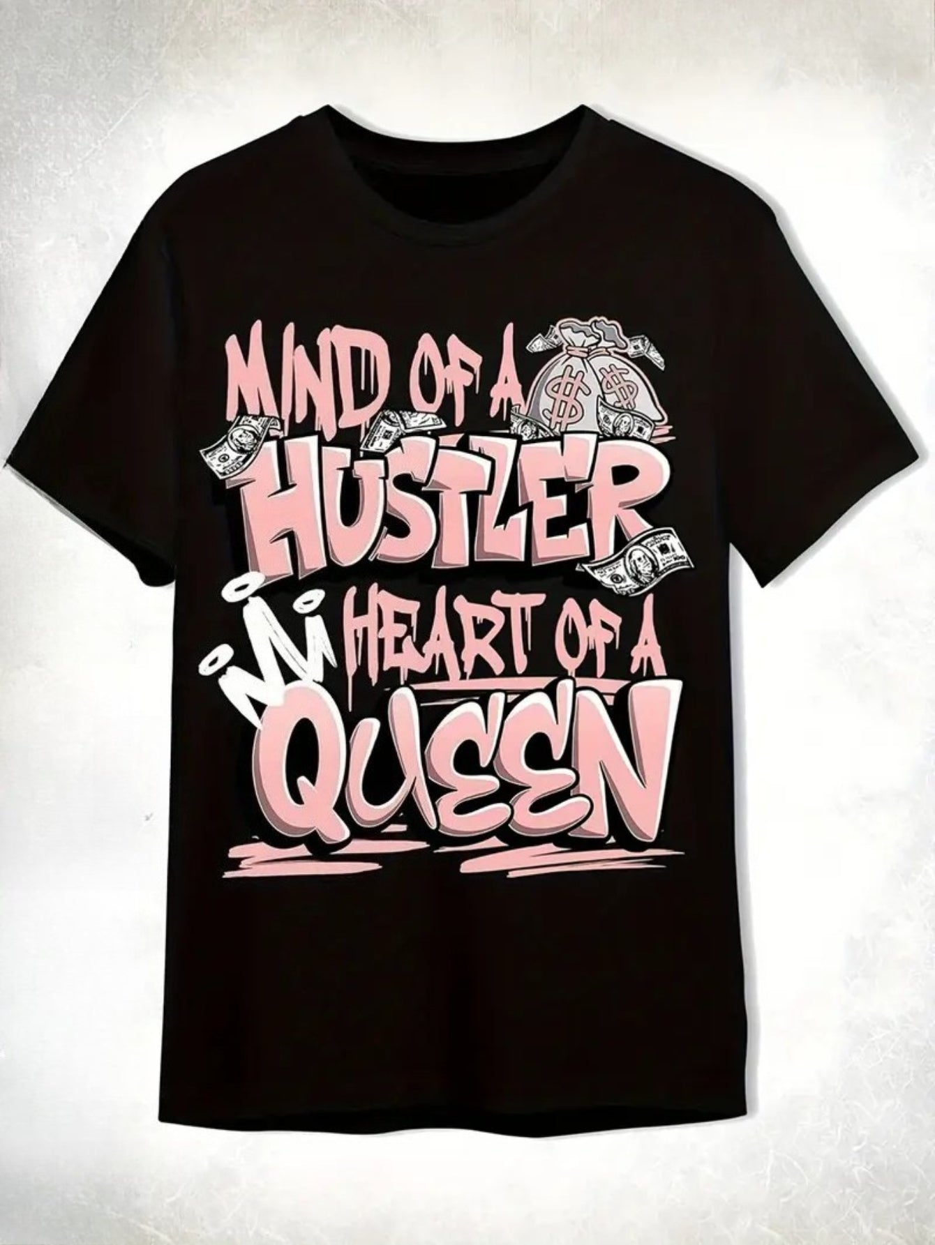 Hustler Heart Queen Unisex Matching 11s Low Legend Graphic T-Shirt - Black/White/Pink "Mind of a Hustler Queen" Slogan & Dollar Sign Design, Soft Breathable Crew Neck Short Sleeve Tee for Men & Women