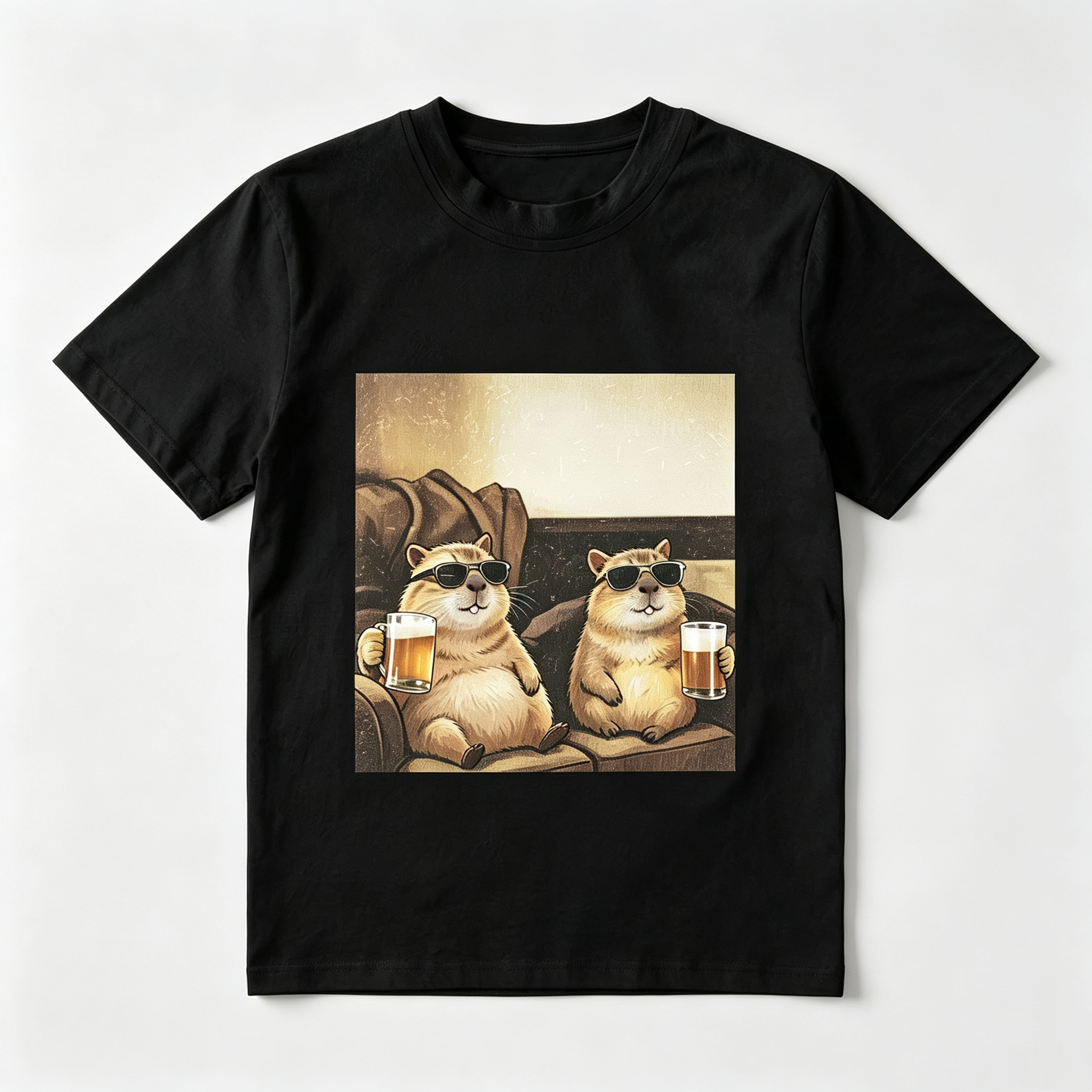 Unisex Funny Sunglasses Capybara Drinking Beer Graphic T‑Shirt, Casual Crew Neck Short Sleeve Tee, Soft Breathable Polyester for Spring Summer Daily Wear