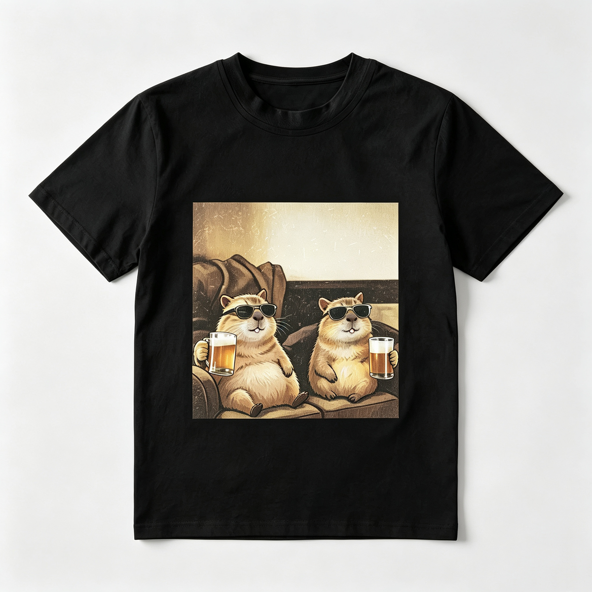 Unisex Funny Sunglasses Capybara Drinking Beer Graphic T‑Shirt, Casual Crew Neck Short Sleeve Tee, Soft Breathable Polyester for Spring Summer Daily Wear