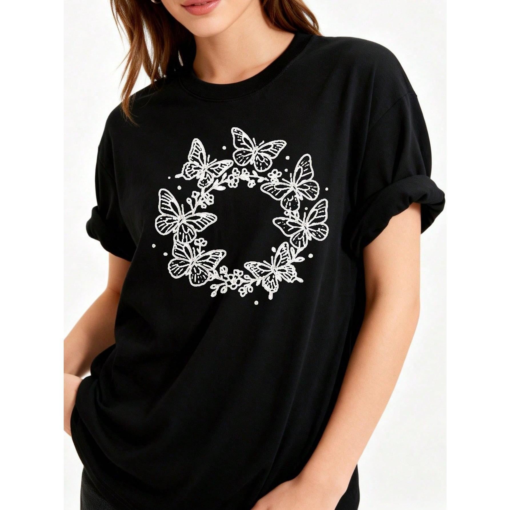TShirt Casual Fashion Women'S Crew Neck T-Shirt Butterfly Floral Design Summer