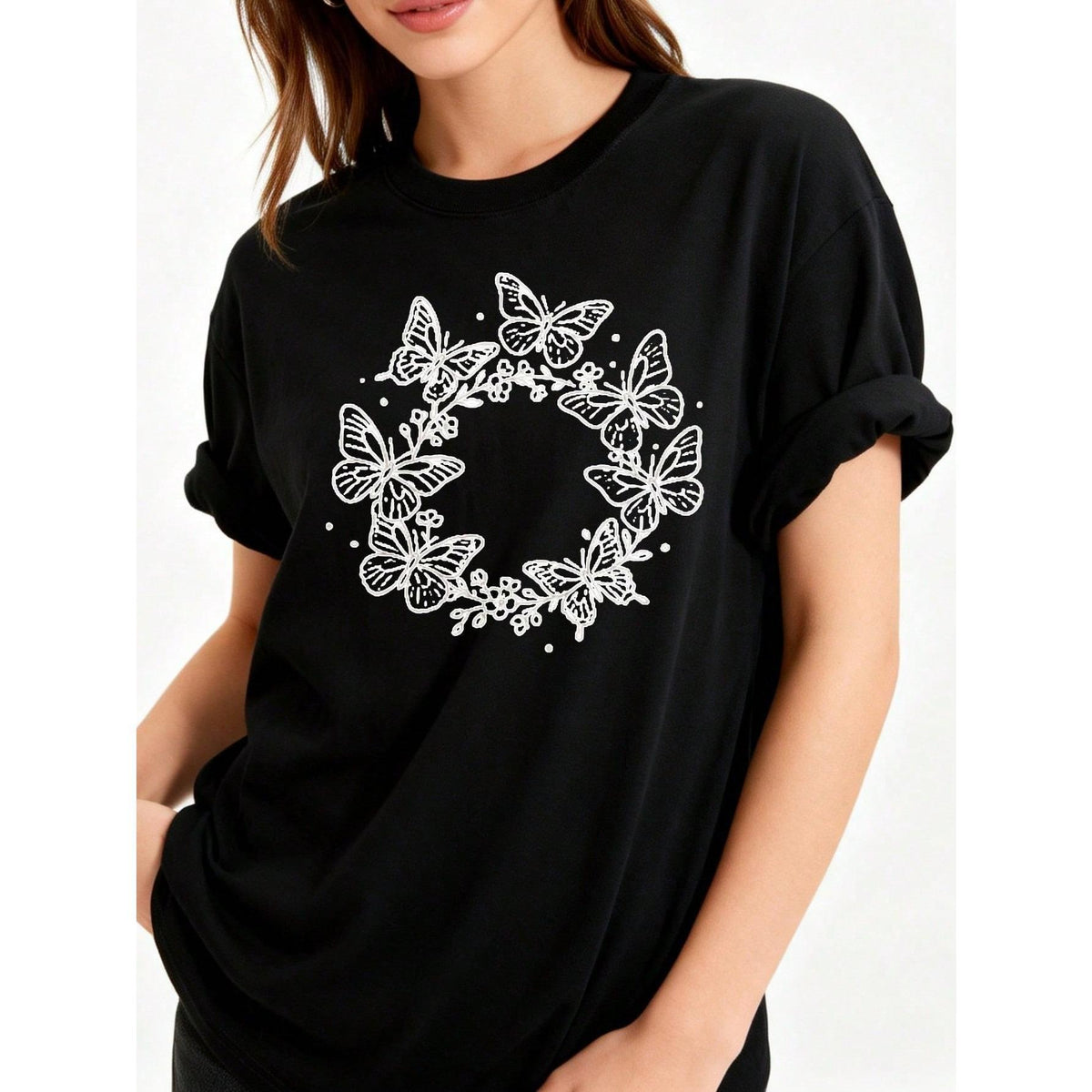 TShirt Casual Fashion Women'S Crew Neck T-Shirt Butterfly Floral Design Summer