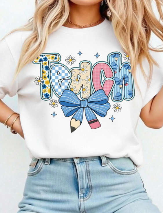 SHEIN LUNE Preppy Teacher Floral Shirts, Teach Blue Floral Tee, Preppy Teacher Tops 100%Cotton Crew Neck Short Sleeve Women T-shirt Teacher Gift