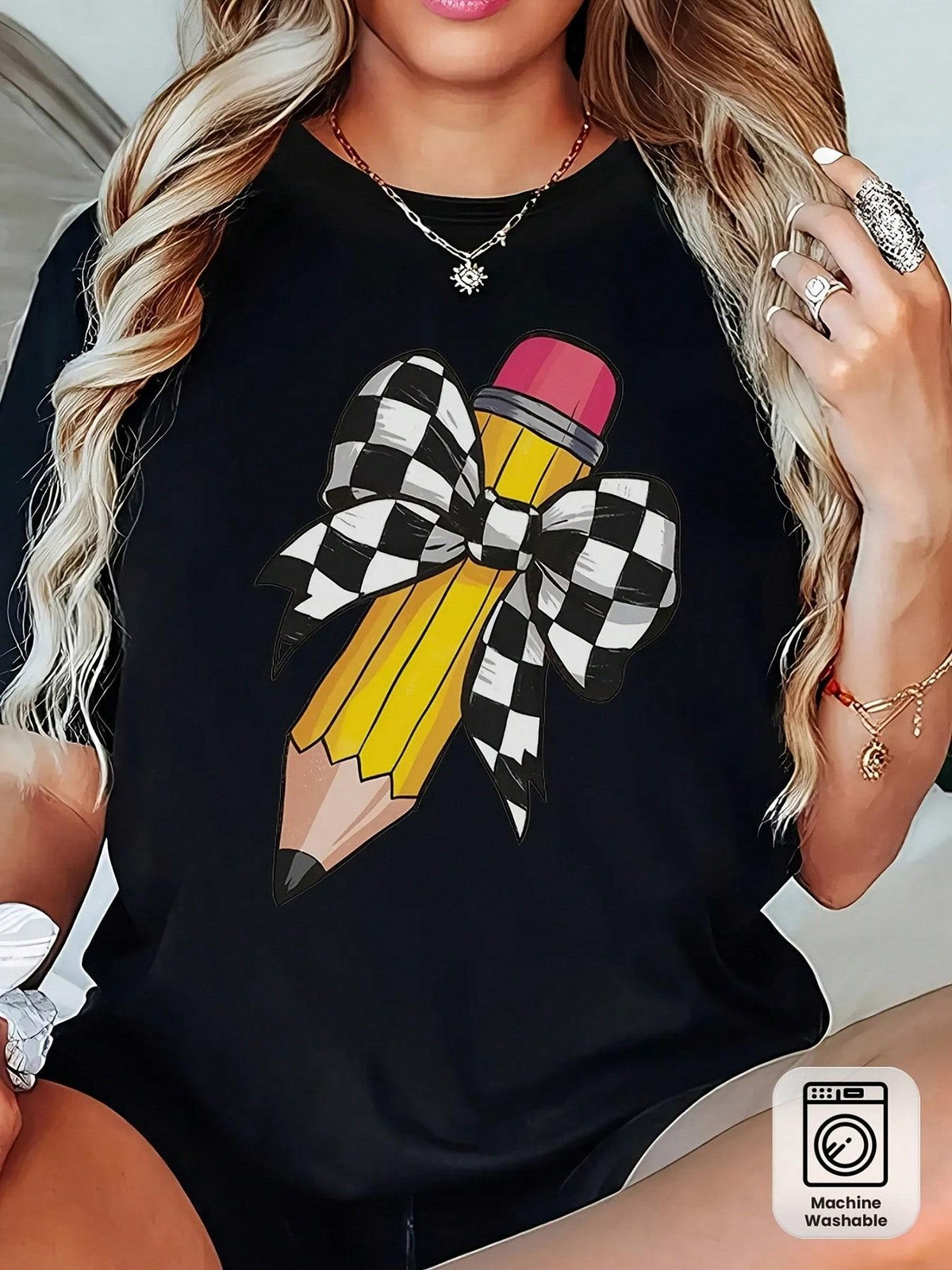 Women's Teacher T-Shirt - Soft Breathable Black Crew Neck Top With Yellow Pencil Print & Checkered Bow Tie Design, Daily Educational Wear, Machine Washable, All-Season Comfort Fit