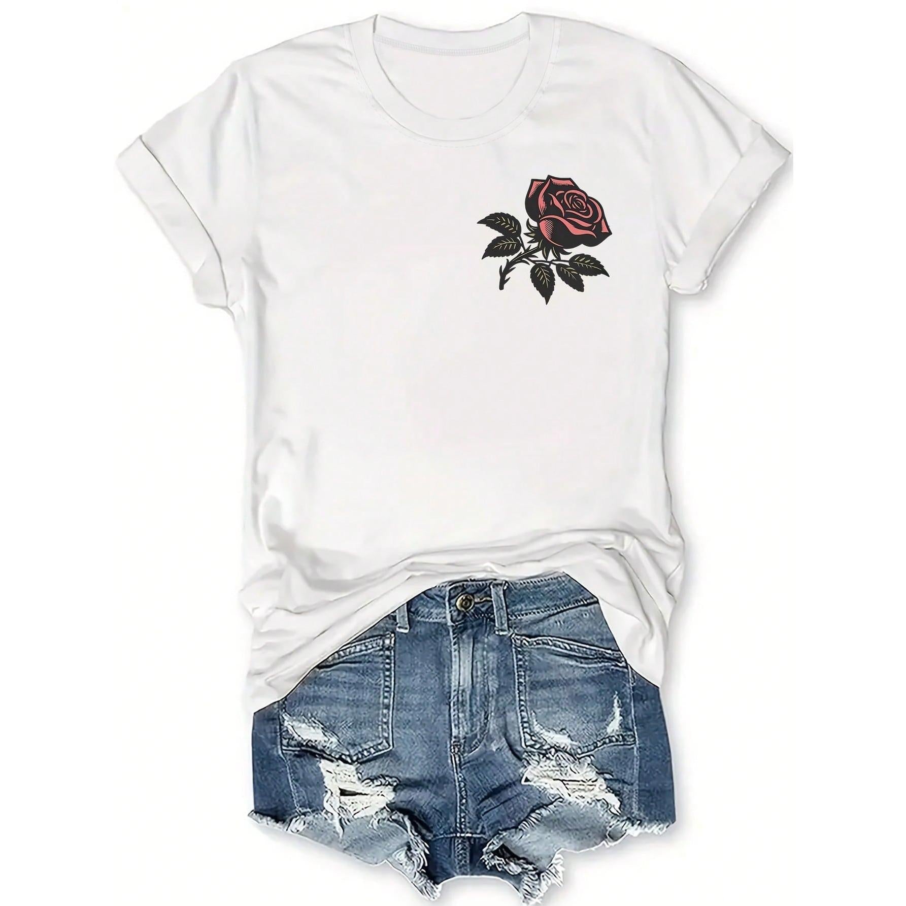 Women's Bohemian Rose Print T-Shirt - Short Sleeve Round Neck Top With Front & Back Rose Letter