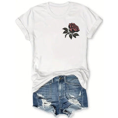 Women's Bohemian Rose Print T-Shirt - Short Sleeve Round Neck Top With Front & Back Rose Letter