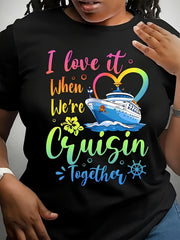 Women's Cruise Vacation Graphic T-Shirt, Colorful Cruise Ship Print Summer Short Sleeve Crew Neck Tee, Tropical Travel Holiday Casual Cotton Top, Ocean Vacation Outfit Gift for Cruise Lovers