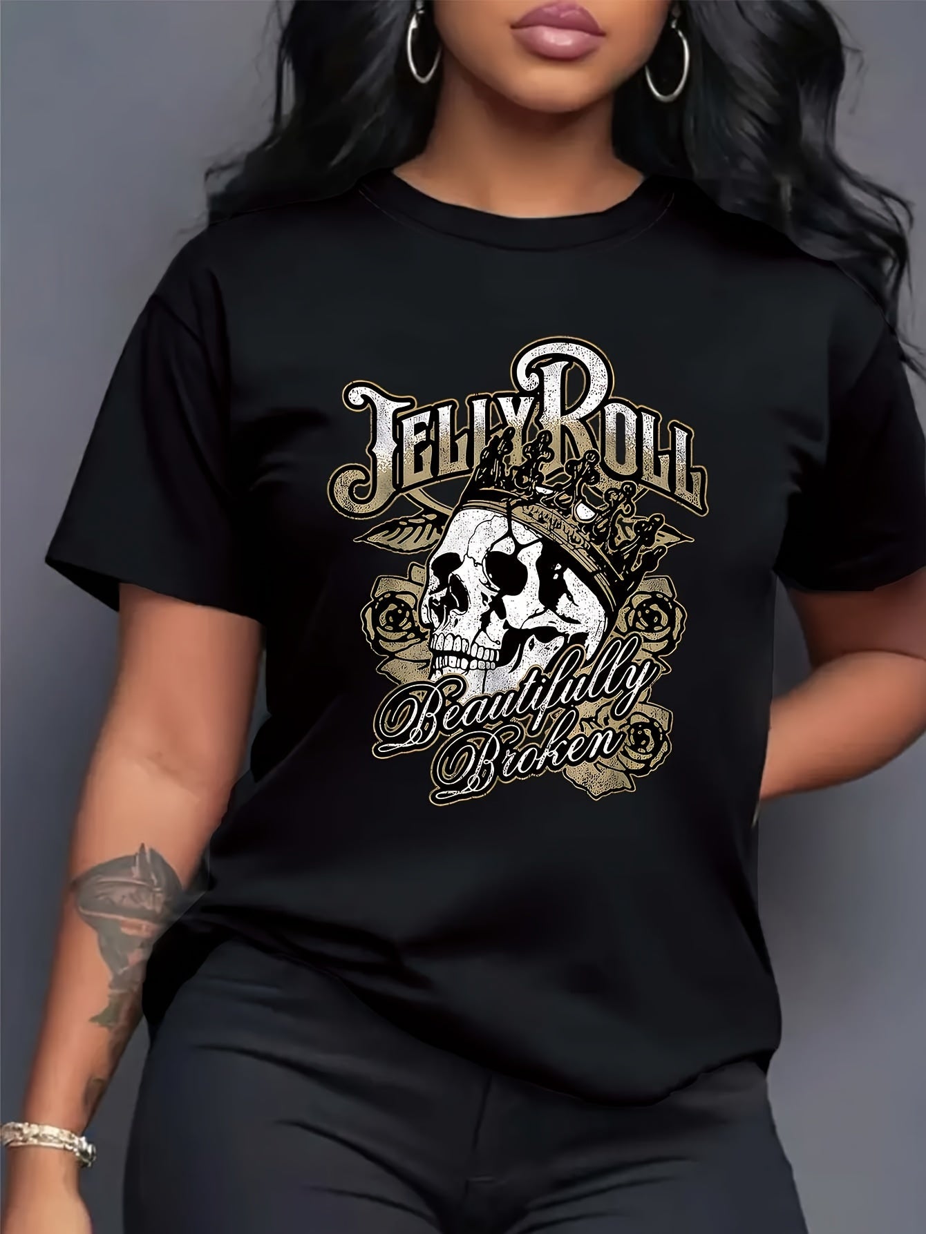 Vintage Skull Print Round Neck T-Shirt for Spring And Summer Retro Casual Short Sleeve Women'S Clothing