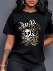 Vintage Skull Print Round Neck T-Shirt for Spring And Summer Retro Casual Short Sleeve Women'S Clothing