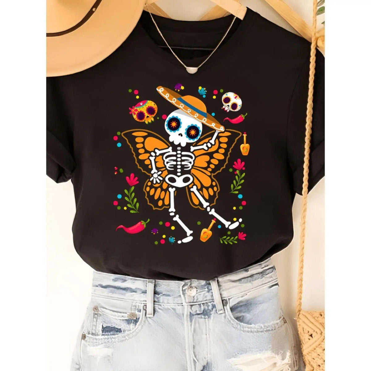 Stylish Halloween T-Shirt for Women Featuring Skeleton and Butterfly Design Comfortable Crew Neck Short Sleeve Top