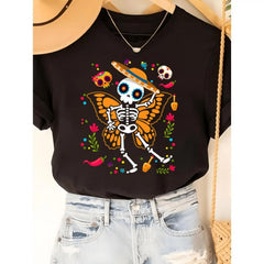 Stylish Halloween T-Shirt for Women Featuring Skeleton and Butterfly Design Comfortable Crew Neck Short Sleeve Top