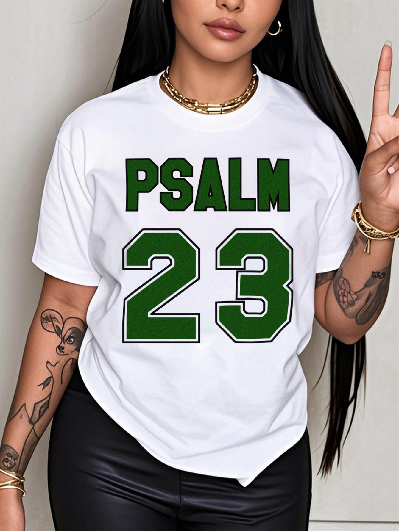 Psalm 23 Bible Verse Christian Faith Green Letter Graphic Tee for Men Women, Inspirational Scripture Short Sleeve T-Shirt, Casual Crew Neck Top for Church Gift