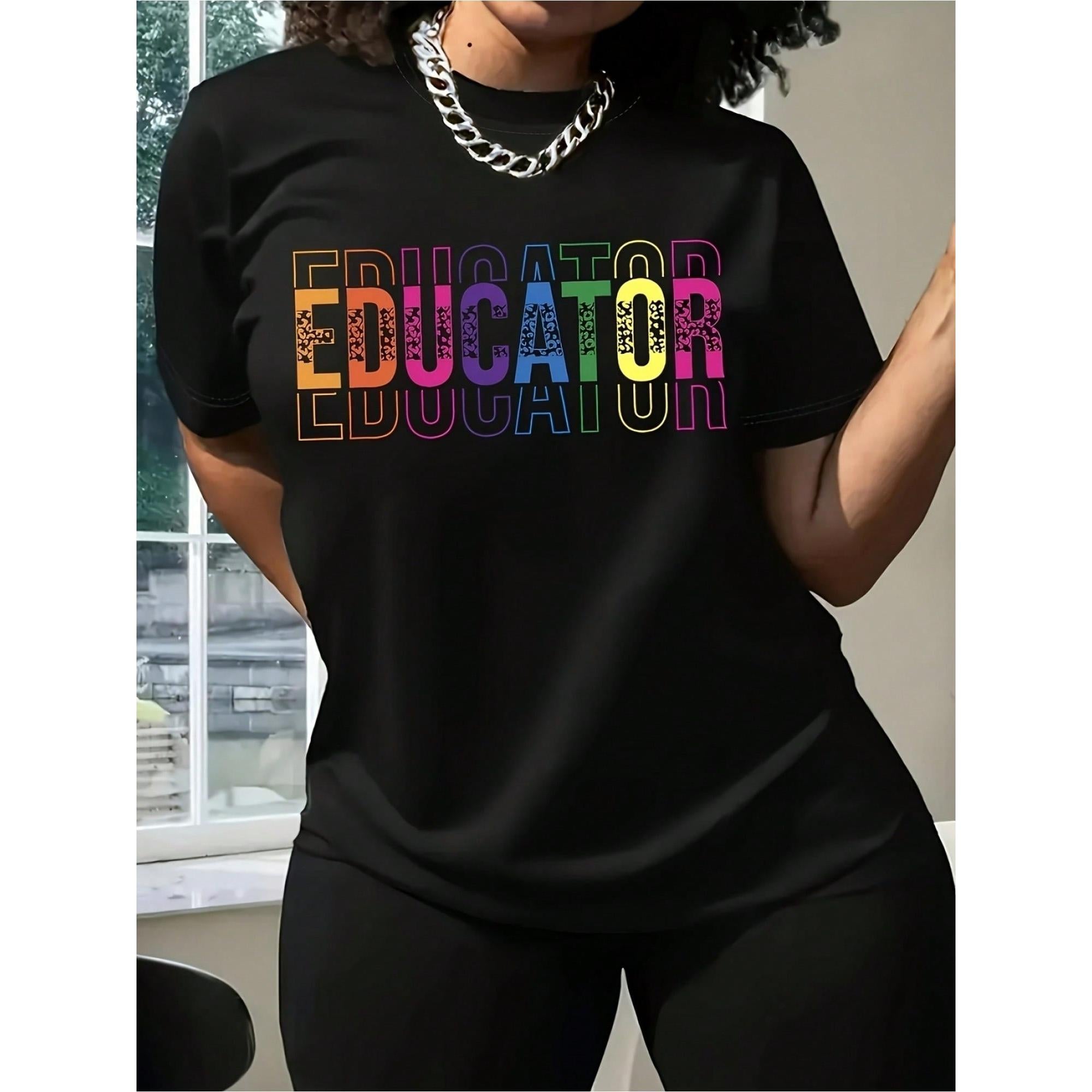 Women One Casual Educator Graphic Black Crew Neck Top Featuring Bright Colorful Text Ideal For Year-Round Wear Easy To Clean Fit Cozy Design Suitable