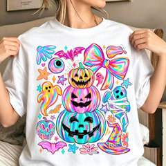Women’s Cute Spooky Halloween Graphic T‑Shirt, Pastel Pumpkin Ghost Bat Bow Mummy Witch Hat Short Sleeve Casual Tee