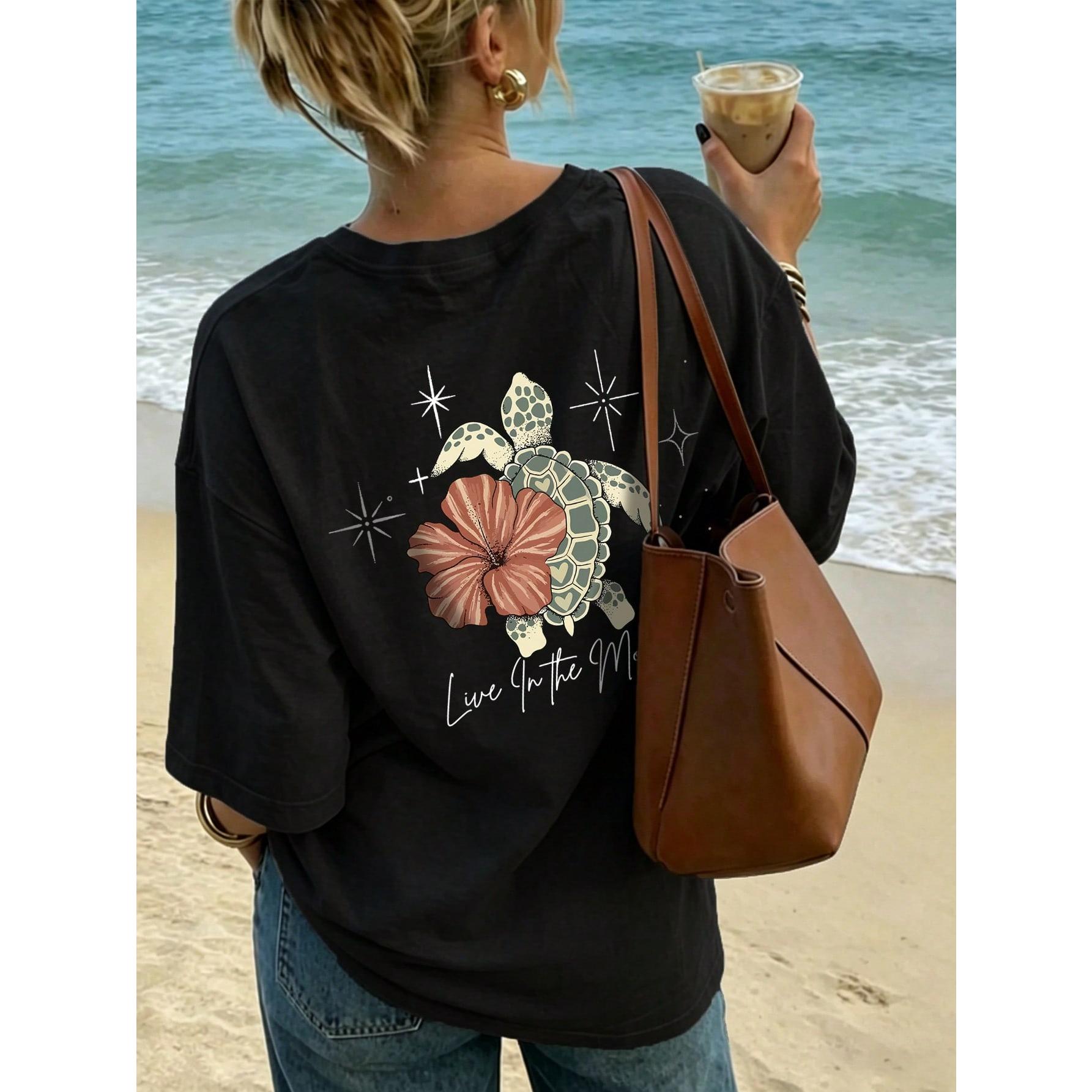 Women's Summer Turtle, Floral & Letter Print Casual Loose Round Neck Beach Vacation T-Shirt White