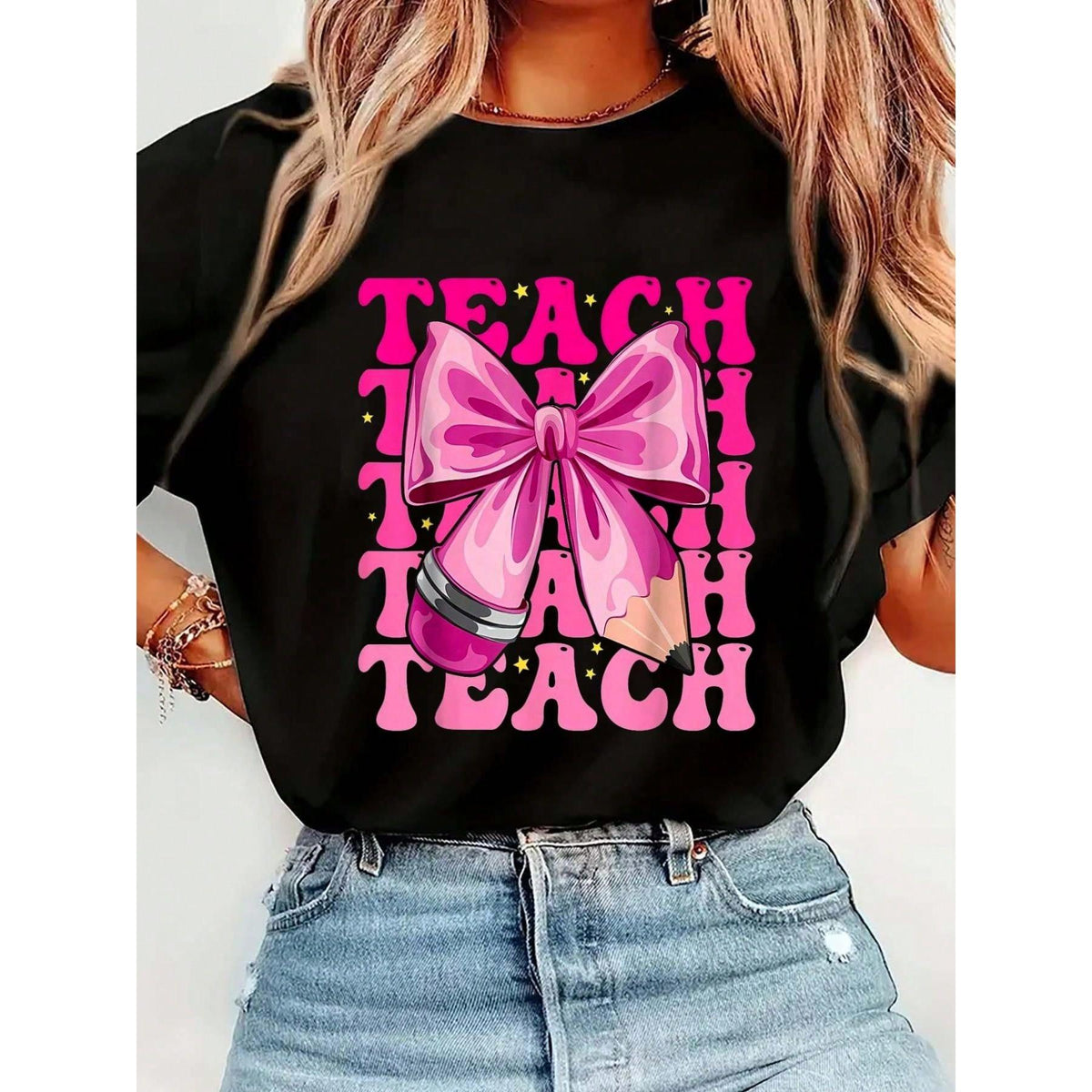 100% Cotton Groovy Teach Coquette Bow Teacher Women Girls Back To School T-Shirt Women's Men's Streetwear Graphic Tee Black Crew Neck Vacation Tops