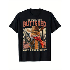 Cowboy Cat T-Shirt - Funny, Trendy, Comfortable Cotton Tee for Cat Lovers, Casual Crew Neck Short Sleeve Tee, Breathable Cotton Fabric, Slight Stretch, Summer Fashion Top, Regular Fit, Summer Trendy T-Shirt