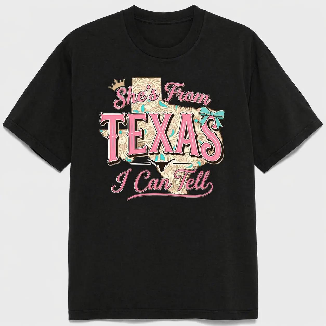 She's From Texas I Can Tell Cowgirl Graphic Tee for Women, Western State Pride Short Sleeve T-Shirt, Casual Country Crew Neck Top for Texas Girl Birthday Gift