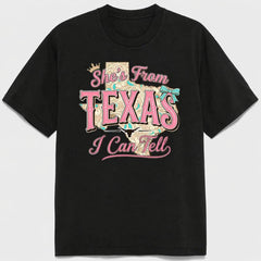 She's From Texas I Can Tell Cowgirl Graphic Tee for Women, Western State Pride Short Sleeve T-Shirt, Casual Country Crew Neck Top for Texas Girl Birthday Gift