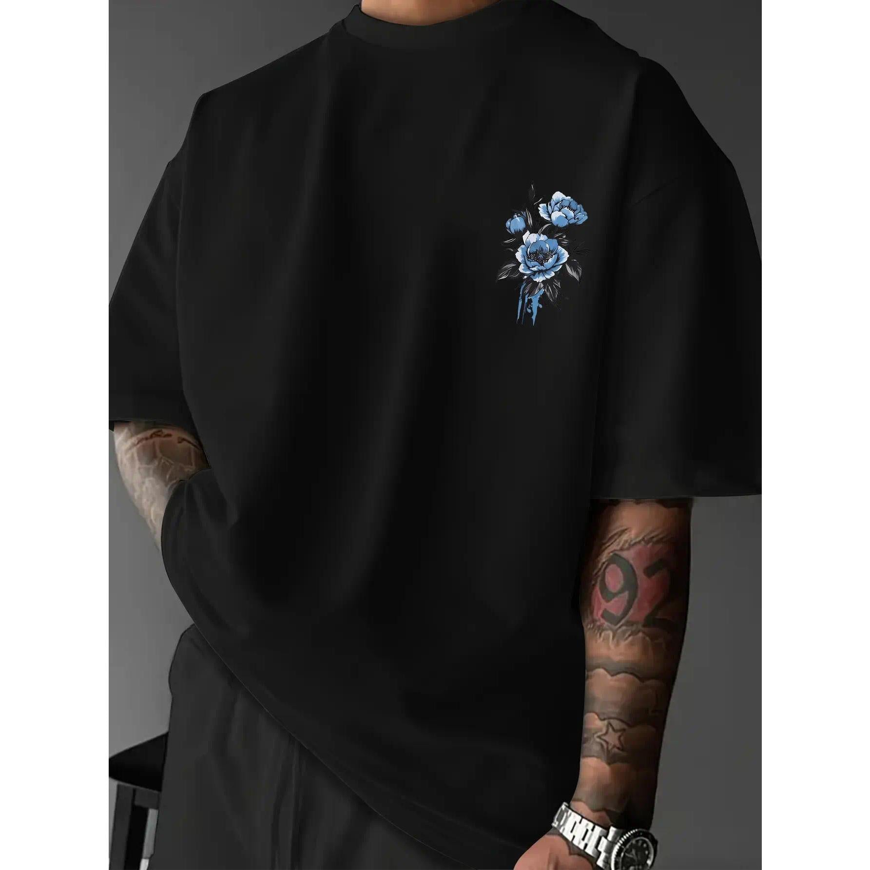 [Men's T-Shirt] New Men's T-Shirt, American Street Style Blue Peony Print T-Shirt
