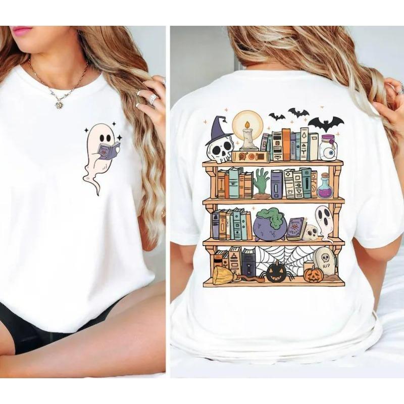 Cute Ghost Reading Book Halloween T-shirt 2- Sides