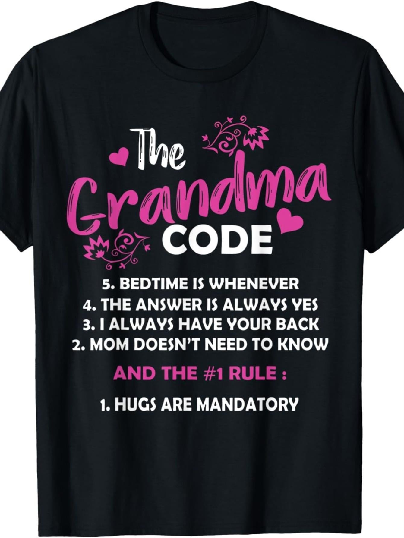 The Grandma Code Funny Rules Bedtime Hugs Graphic Tee for Men Women, Cute Grandmother Short Sleeve T-Shirt, Casual Crew Neck Top for Grandma Gift