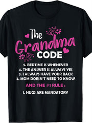 The Grandma Code Funny Rules Bedtime Hugs Graphic Tee for Men Women, Cute Grandmother Short Sleeve T-Shirt, Casual Crew Neck Top for Grandma Gift
