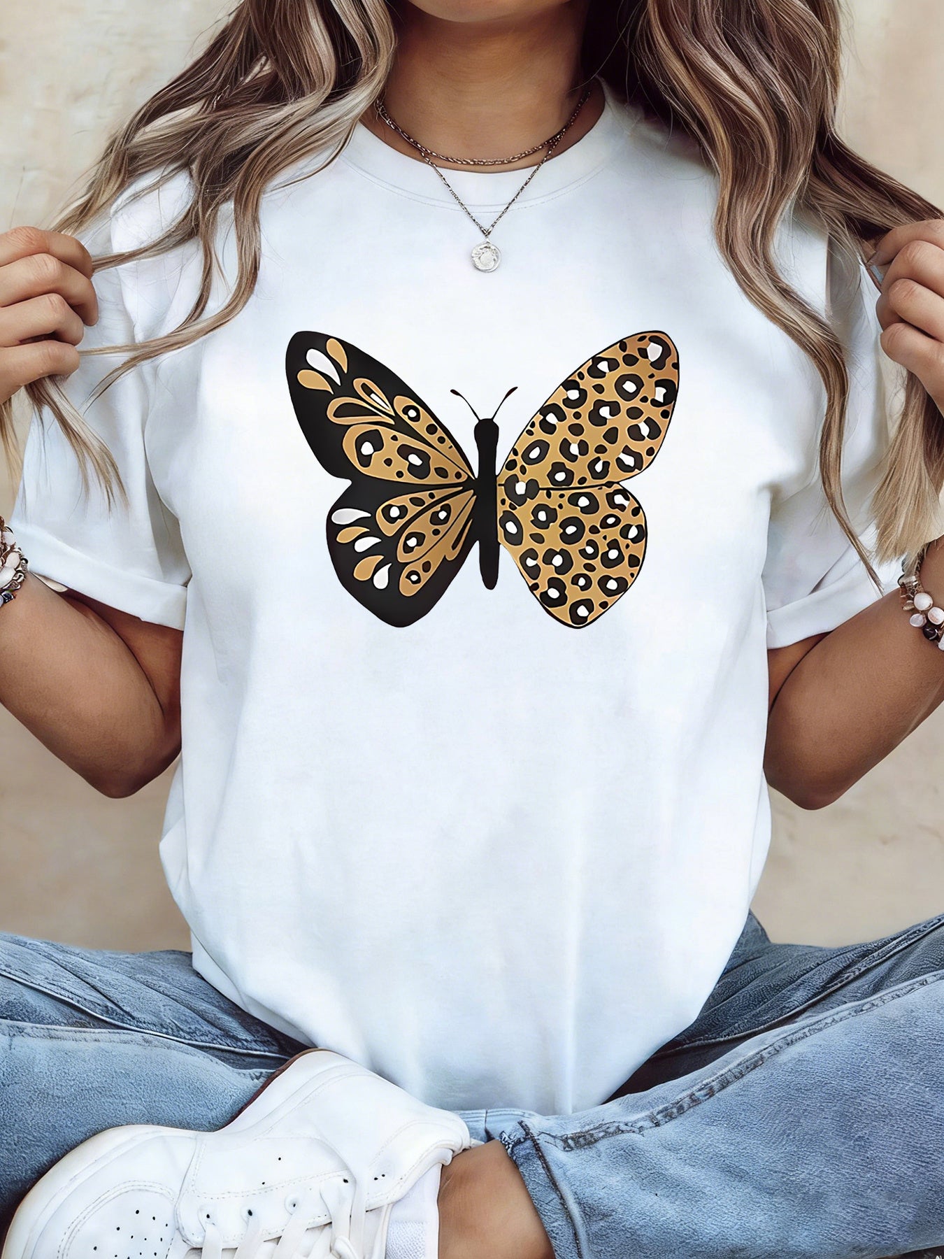 Women's Leopard Print Butterfly T-Shirt - Short Sleeve Crew Neck Blouse, Spring Summer Casual Elegant Top with Leopard-Patterned Wings, Daily Wear & Versatile Outfits (Leopard Wings)