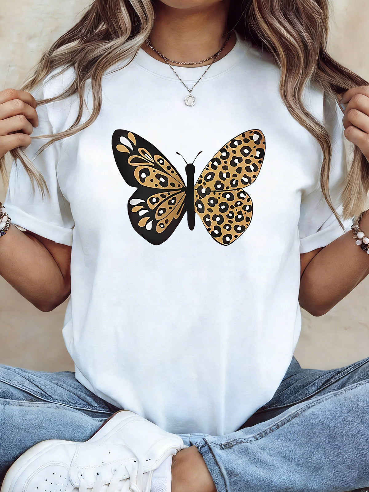 Women's Leopard Print Butterfly T-Shirt - Short Sleeve Crew Neck Blouse, Spring Summer Casual Elegant Top with Leopard-Patterned Wings, Daily Wear & Versatile Outfits (Leopard Wings)