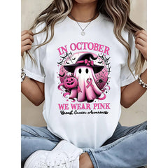 Women's T-Shirt, Pink Ghost Witch Halloween Breast Cancer Awareness Print, Casual Tee, October Festival, Awareness Support, Graphic Top, Cute H