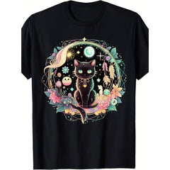 [Kawaii Gothic T-Shirt] Cute Black Cat Kawaii Gothic Moon Phase Crystal Witch T-Shirt