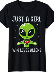 Unisex Retro Alien Graphic T-Shirt - Just A Girl Who Loves Aliens Funny Space Graphic Tee for Men Women, Cute UFO Sci Fi Short Sleeve T-Shirt, Casual Crew Neck Top for Alien Lover Gift