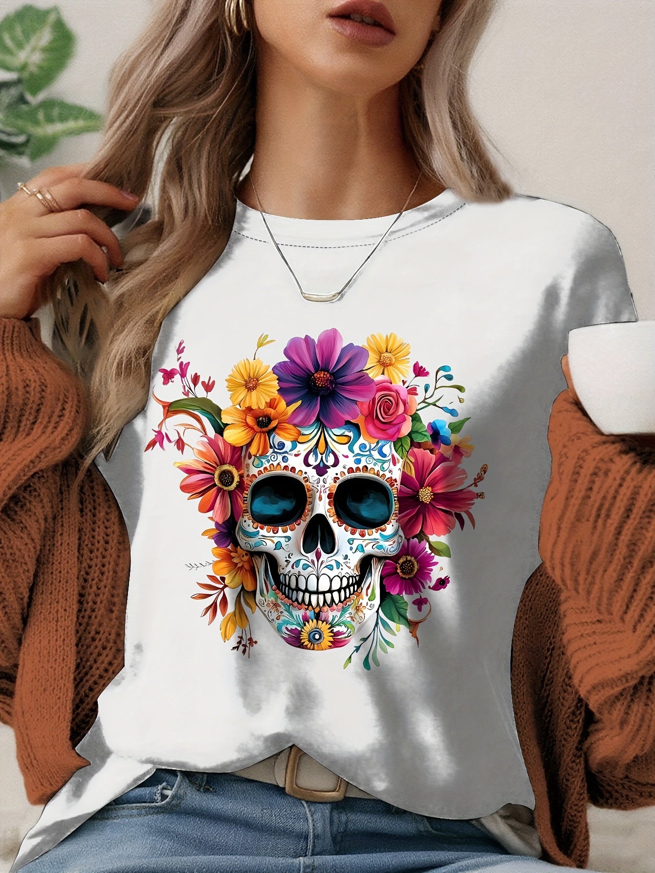 Casual Women'S T-Shirt, Halloween Print Round Neck Short Sleeve Top Flower and skull graphic T-shirt Halloween Gift，Women Clothing