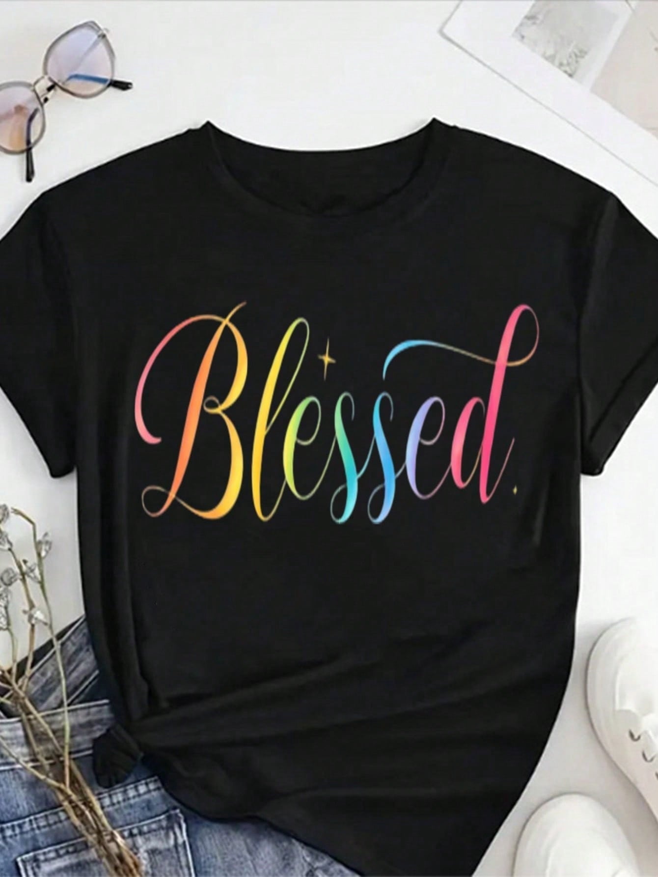 Women's 100% T-Shirt - Soft Round Neck Short Sleeve Top With "" Print, Casual Everyday Comfortable Blouse For Spring Summer Fall, Machine Washable Faith-Based Apparel