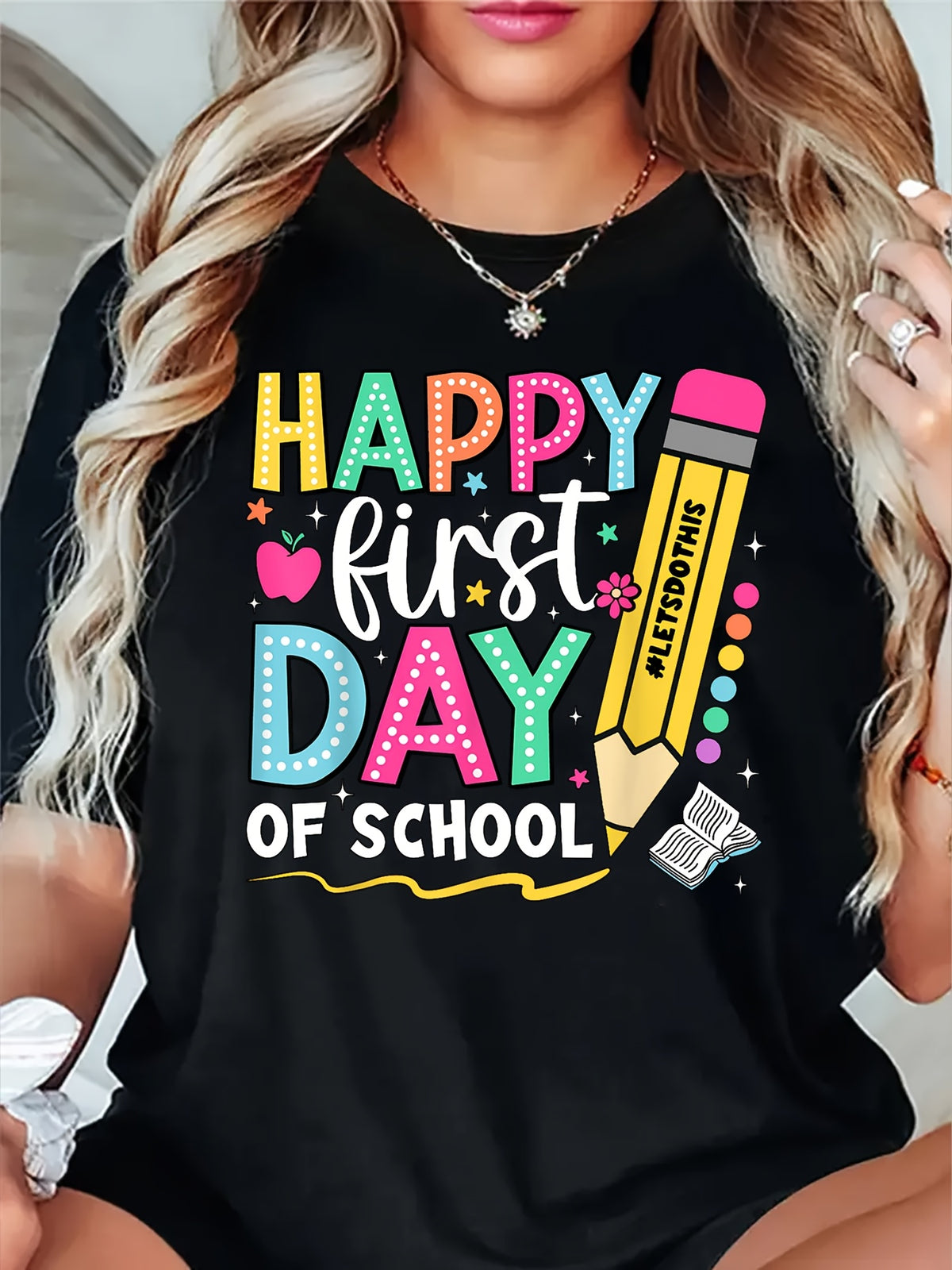 A Women'S Casual Round-Neck T-Shirt for The Back-To- Season, Featuring a Pencil And Colorful Letter Design. It Has Short Sleeves, Is Machine Washable, Suitable for All Seasons, And Is a Regular Fit