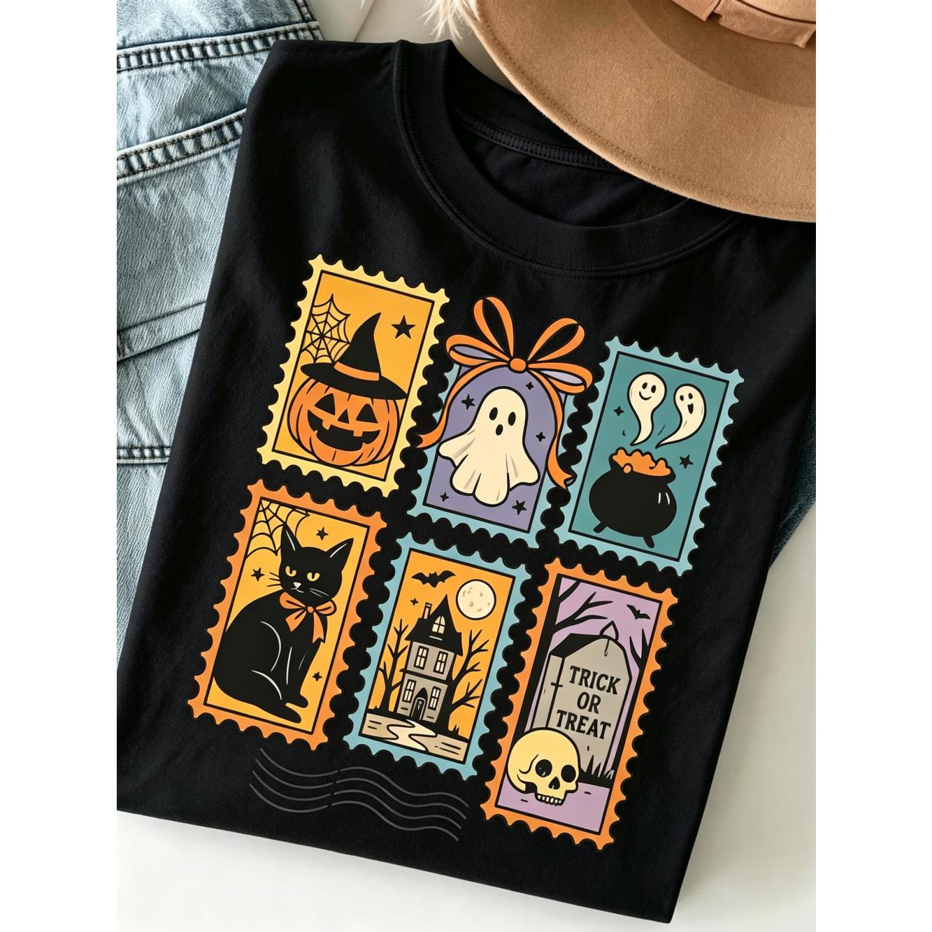 Halloween Cute Ghost Pumpkin Cat Shirt, Cute Ghost Shirt, Retro Ghost Tee, Women's Halloween Shirt,Cat Shirt