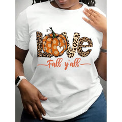 Women's Funny Thanksgiving Graphic T-Shirt - White,Black Crew Neck Tee With Pumpkin & Autumn Leaves Design - Non-Stretch Casual Shirt For Thanksgiving, Halloween, Easter, Mother's Day Gifts