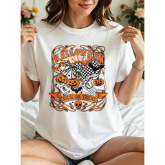 Halloween Graphic, Casual Short Sleeve, Women's T-Shirt, Pumpkin Skull Trick Or Treat Print, Autumn Holiday Party, Gift For Friends