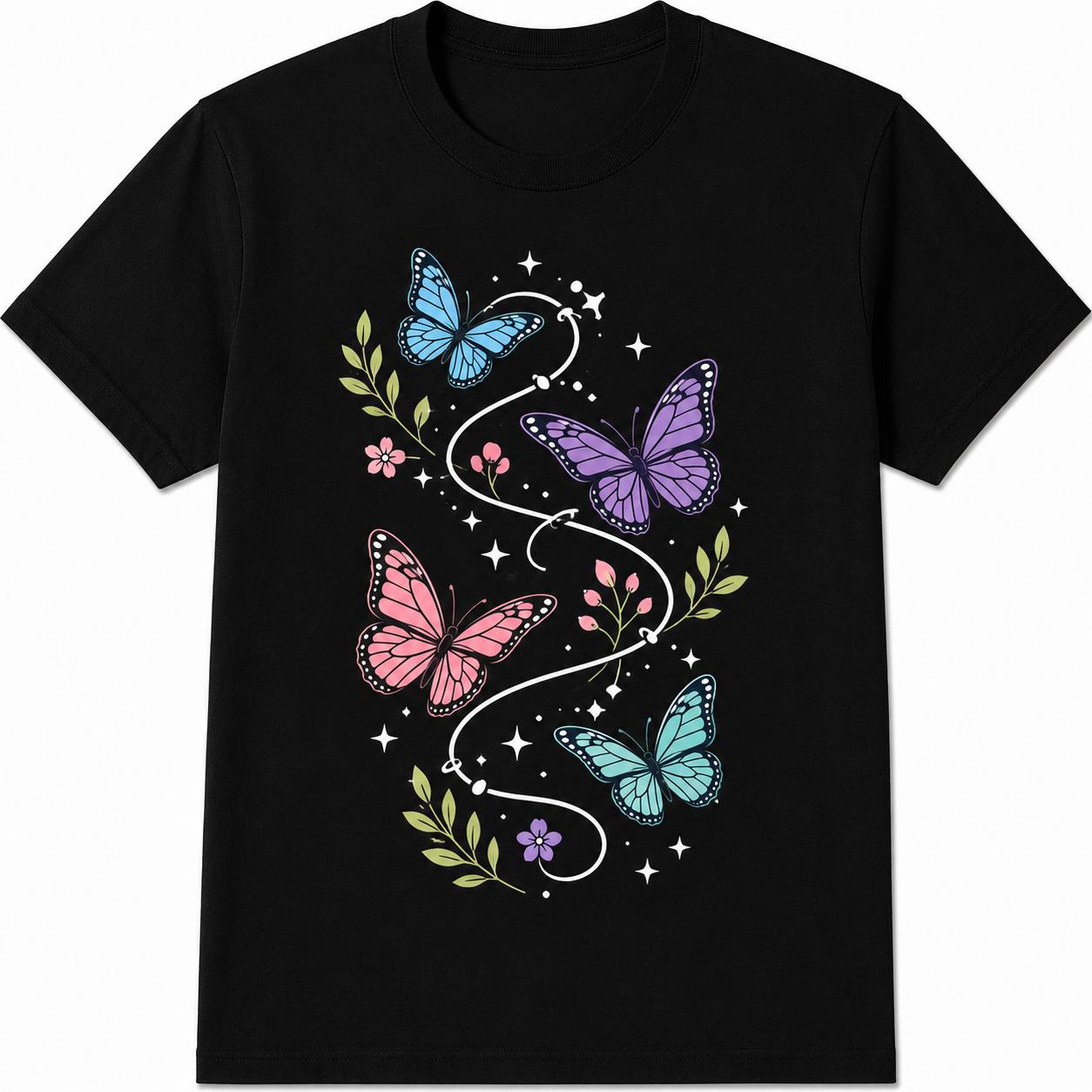 Butterfly Floral Botanical Nature Print T-Shirt Vintage Aesthetic Summer Casual Top Trendy Streetwear Gift for Women Men Unisex Soft Cotton Crew Neck Relaxed Fit Nature Lover Apparel