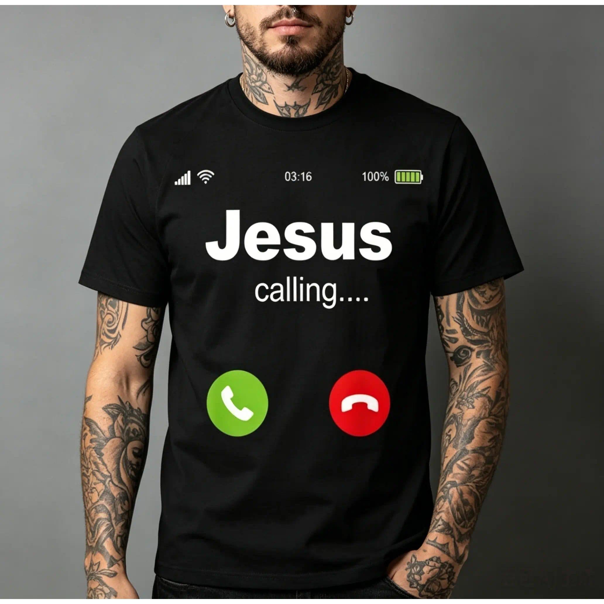 Jesus Calling Funny Phone Screen Graphic T‑Shirt | Christian Humor Faith Tee for Men & Women | Casual Religious Top