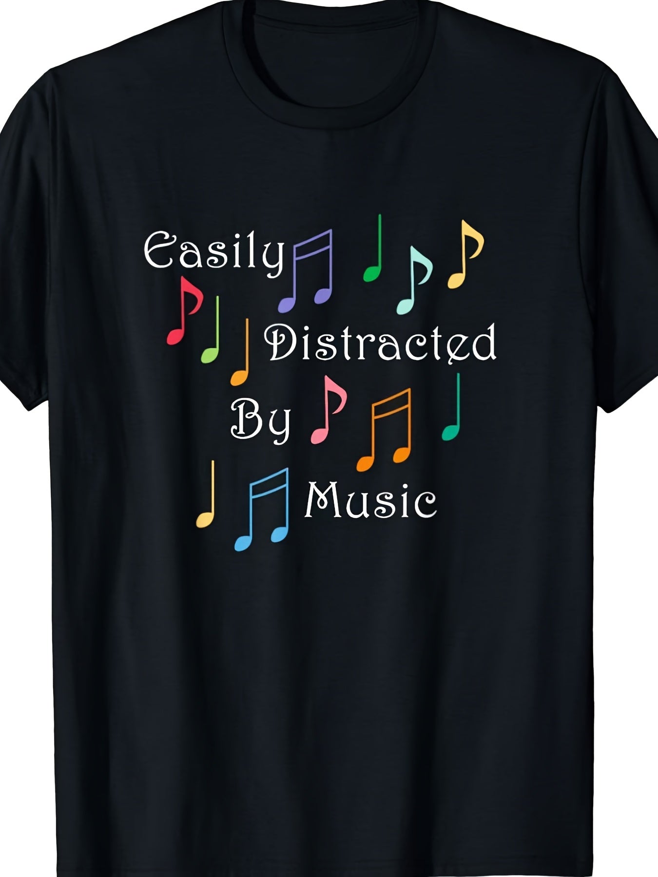 Men's Easily Distracted by Music Graphic T-Shirt, Colorful Musical Notes Print Crew Neck Short Sleeve Tee, Casual Music Lover Shirt, Gift for Musicians and Music Enthusiasts