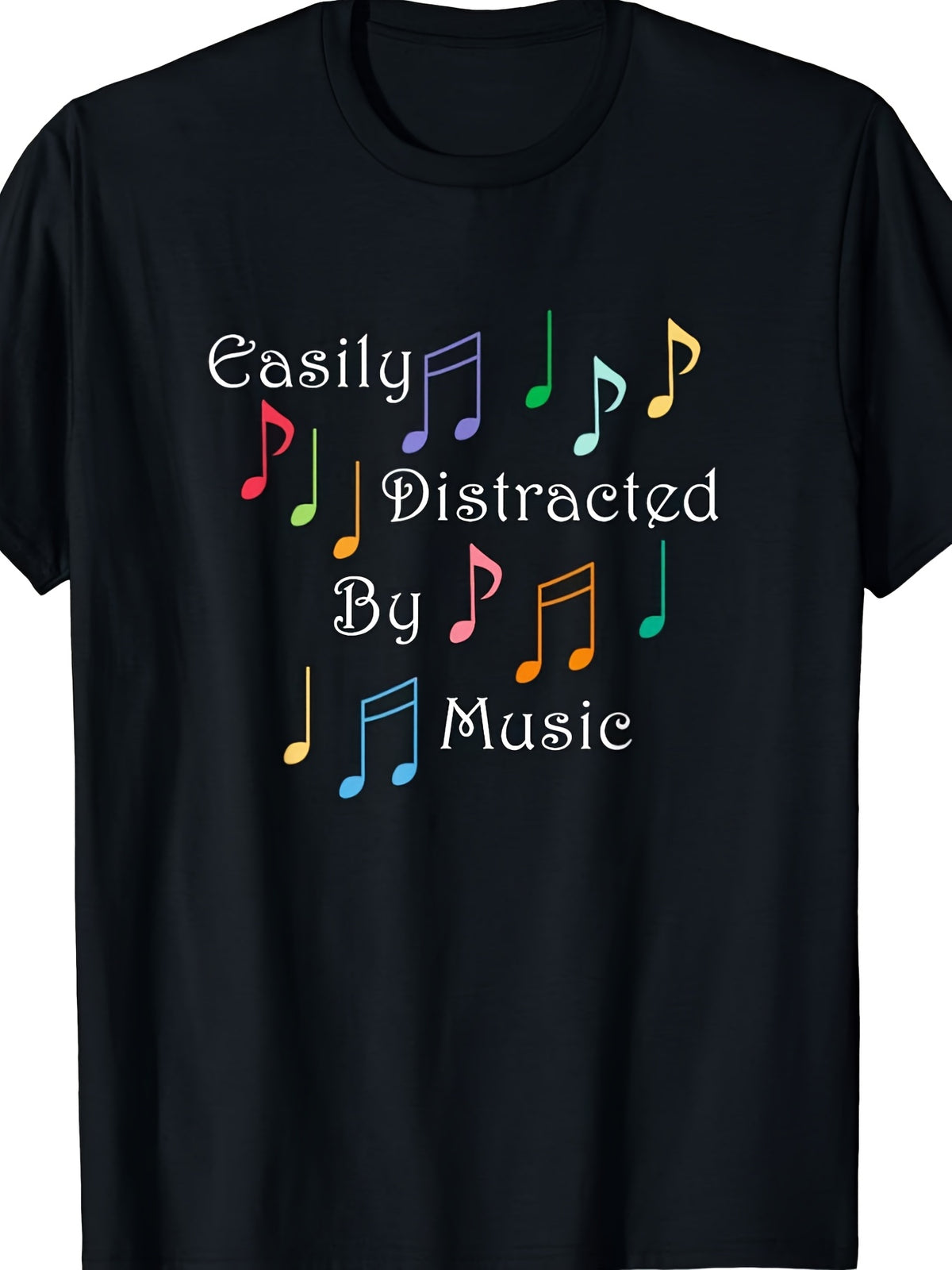 Men's Easily Distracted by Music Graphic T-Shirt, Colorful Musical Notes Print Crew Neck Short Sleeve Tee, Casual Music Lover Shirt, Gift for Musicians and Music Enthusiasts