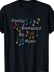 Men's Easily Distracted by Music Graphic T-Shirt, Colorful Musical Notes Print Crew Neck Short Sleeve Tee, Casual Music Lover Shirt, Gift for Musicians and Music Enthusiasts