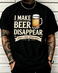 Men Funny I Make Beer Disappear Graphic T‑Shirt, What's Your Superpower Retro Beer Mug Print Casual Crew Neck Tee for Beer Lovers