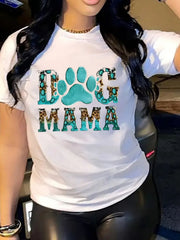 Women's Dog Mama Graphic T‑Shirt, Leopard Turquoise Dog Paw Print Short Sleeve Crew Neck Casual Tee