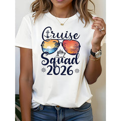 Cruise Squad 2026 Summer Vacation Matching Family Trip Graphic Tee Retro Cartoon Ship Beachwear Gift Unisex Crew Neck Short Sleeve Top