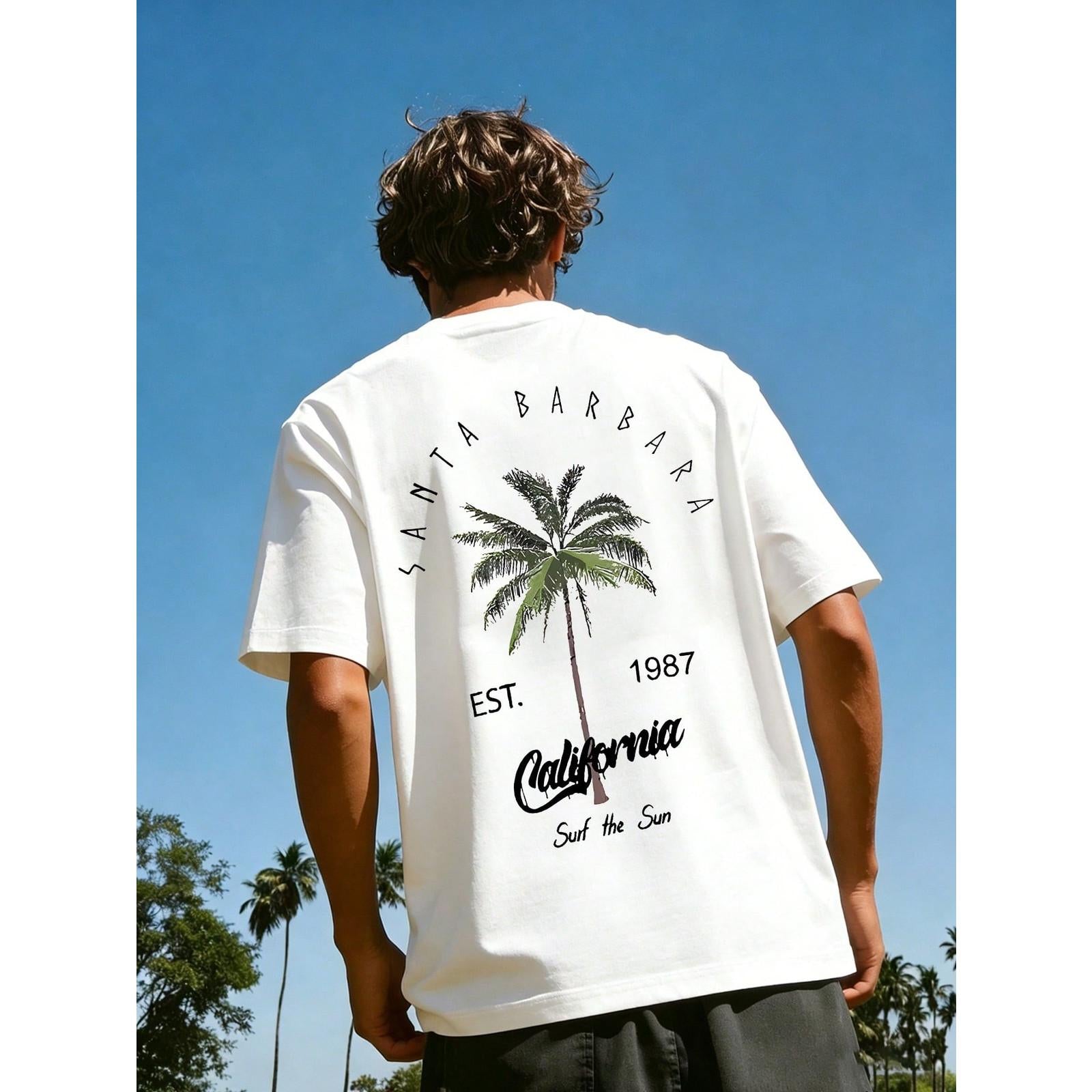 Summer New Men's Coconut Tree Letter Print Short Sleeve Round Neck T-Shirt