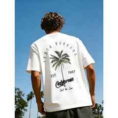 Summer New Men's Coconut Tree Letter Print Short Sleeve Round Neck T-Shirt
